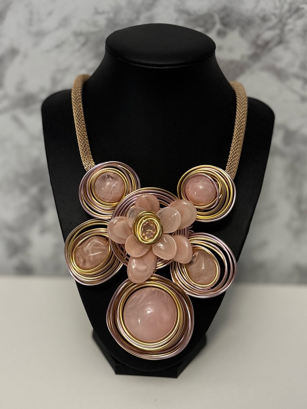 Gold-Tone Pink Stone Floral Statement Necklace Set